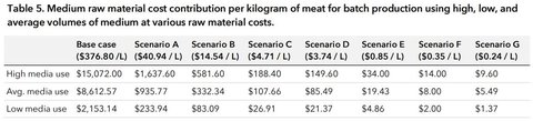 Projected cost per kilogram of meat in each scenario