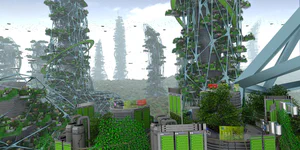 Solarpunk meets cellular agriculture. A Solarpunk scenery of distributed community-scale bio-manufacturing and cellular agriculture facilities on a tropical drone-oriented city.