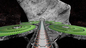 “Vital Vector” comet mining & mass driver station. While asteroid mining does metals, comet mining does volatiles. Food, plastics and biomass can be shot to other parts of the solar system by a mass driver at the center.